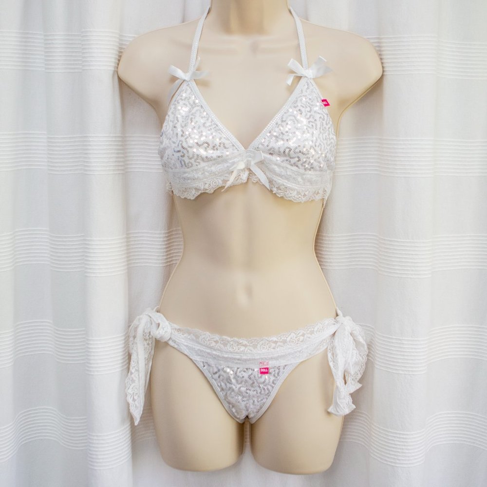 DOLL SWIMWEAR White lace and Silver Romantic Bikini Bride to Be Honeymoon